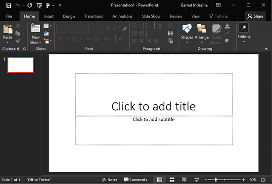 PowerPoint 2016 interface color changed to black