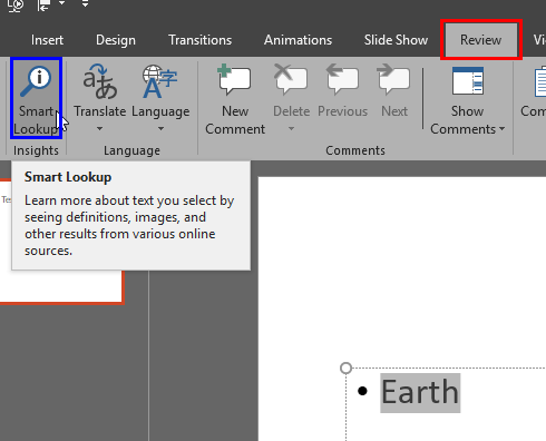 Smart Lookup option within the Review tab Smart Lookup option within the Review tab