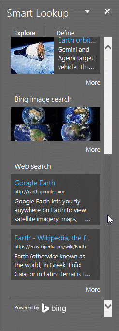 Explore tab of the Smart Lookup Task Pane Explore tab of the Smart Lookup Task Pane