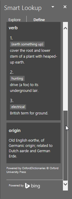 Define tab of the Smart Lookup Task Pane Define tab of the Smart Lookup Task Pane