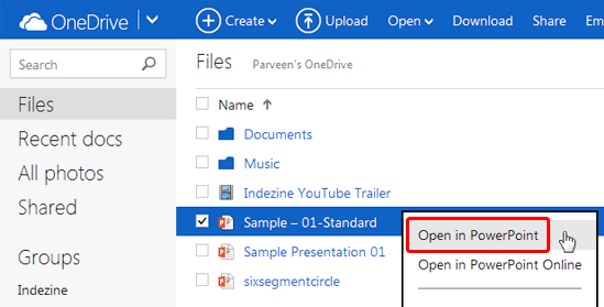 Open in PowerPoint option within contextual menu Open in PowerPoint option within contextual menu