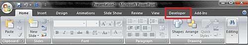 Developer tab visible on the Ribbon Developer tab visible on the Ribbon