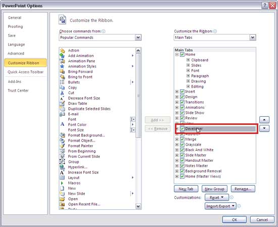 Developer check-box selected Developer check-box selected