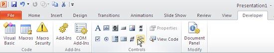 Developer tab made visible on the Ribbon Developer tab made visible on the Ribbon