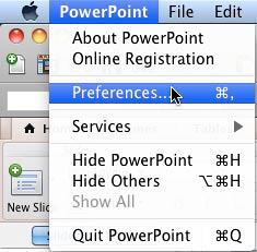 Preferences option selected within the PowerPoint menu