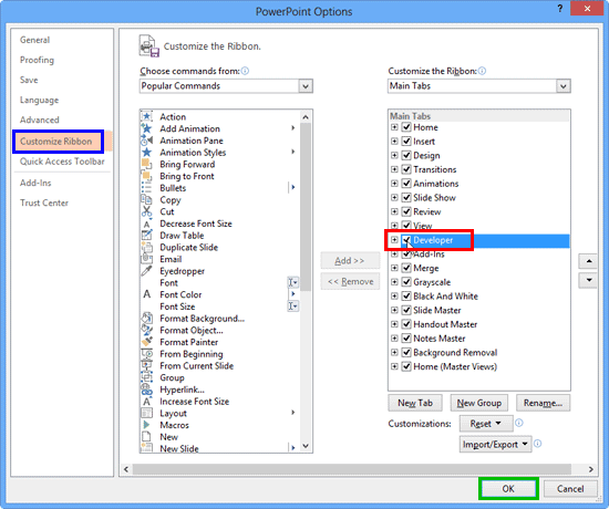 Developer check-box selected