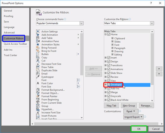 Developer check-box selected Developer check-box selected