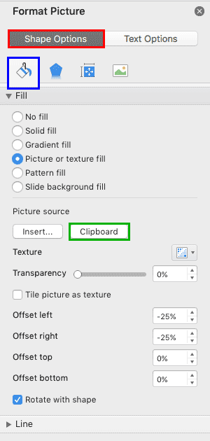 Paste picture from the Clipboard in the Format Picture Task Pane in PowerPoint 365 for Mac