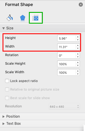 Format Shape Task Pane includes Height and Width values in PowerPoint 365 for Mac Format Shape Task Pane includes Height and Width values in PowerPoint 365 for Mac
