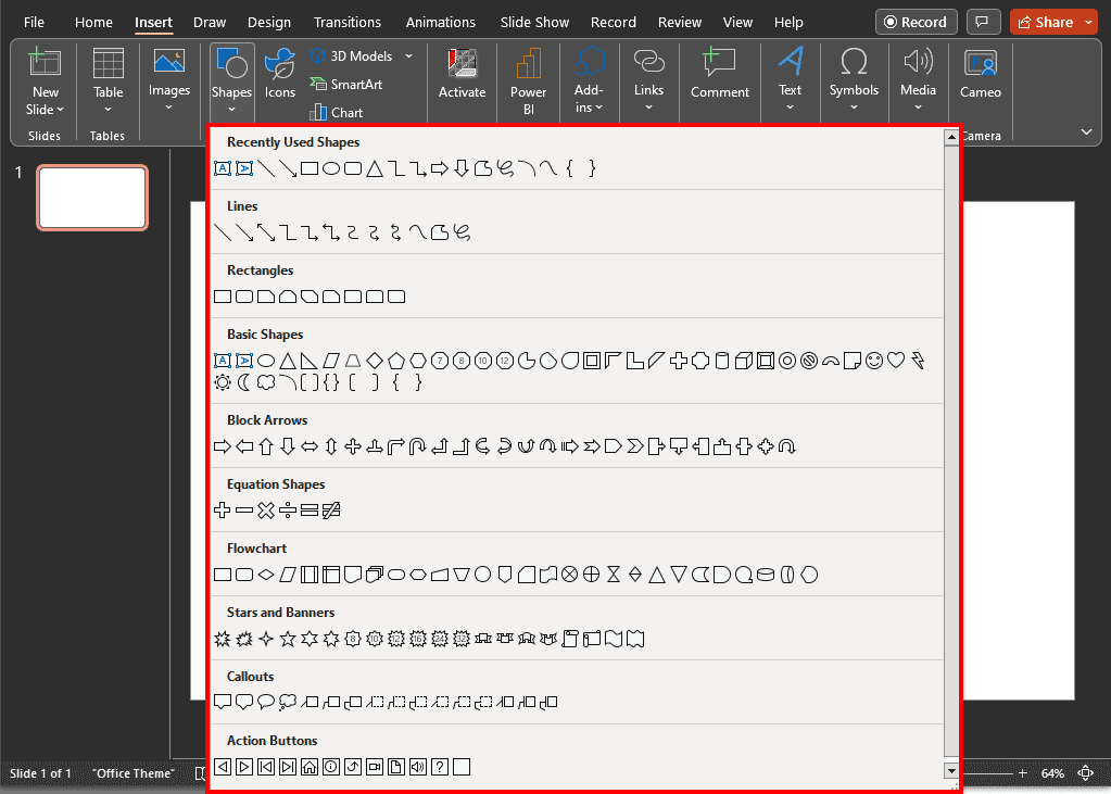 Shapes gallery in PowerPoint 365 for Windows