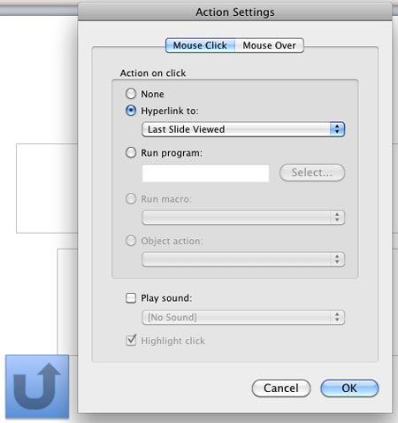 Action Settings dialog box with an Action Button placed on the slide