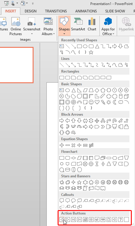 Action Buttons category within the Shapes drop-down gallery