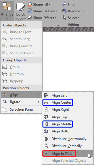 Align to Slide option selected within the Align sub-gallery