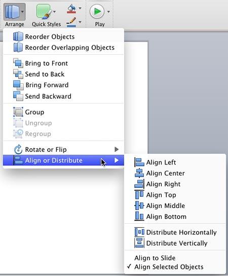 Align options within the Align or Distribute sub-gallery Align options within the Align or Distribute sub-gallery