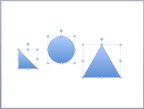 Unaligned shapes selected for horizontal alignment on the slide Unaligned shapes selected for horizontal alignment on the slide