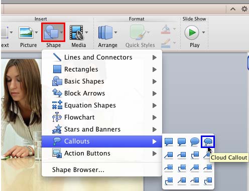 Callouts sub-gallery within the Shape gallery Callouts sub-gallery within the Shape gallery