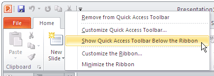Show Quick Access Toolbar Below the Ribbon option
