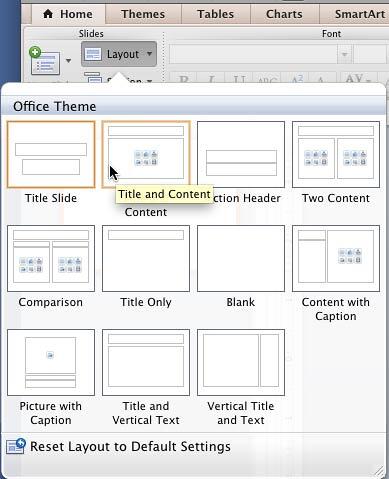 Title and Content layout selected within the Layout gallery