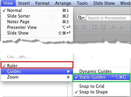 Ruler and Static Guides menu options selected