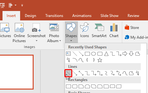 Line shape within Shapes drop-down gallery Line shape within Shapes drop-down gallery