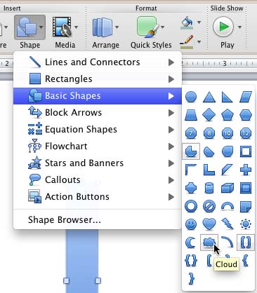 Cloud shape selected within Basic Shapes sub-gallery Cloud shape selected within Basic Shapes sub-gallery
