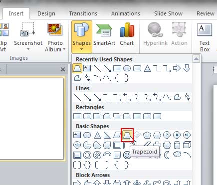 Trapezoid shape selected within Shapes gallery Trapezoid shape selected within Shapes gallery