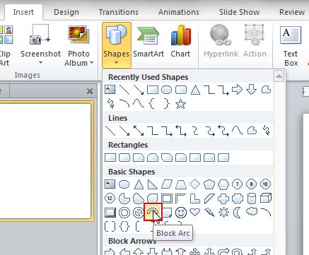 Block Arc is selected from the Shapes gallery Block Arc is selected from the Shapes gallery