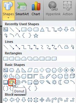 Donut shape selected within the Shapes gallery Donut shape selected within the Shapes gallery