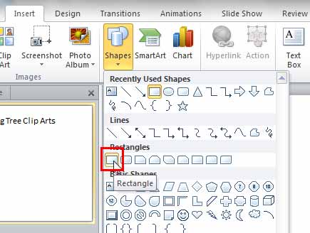 Rectangle shape selected within Shapes gallery Rectangle shape selected within Shapes gallery