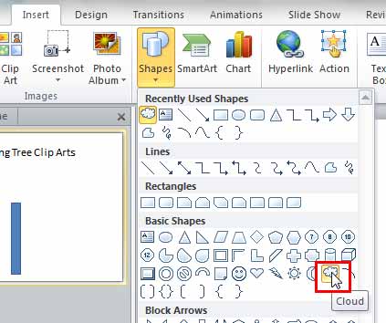 Cloud shape selected within Shapes gallery Cloud shape selected within Shapes gallery