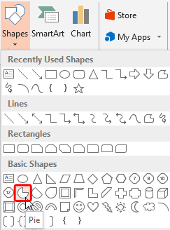 Pie shape within Shapes drop-down gallery Pie shape within Shapes drop-down gallery