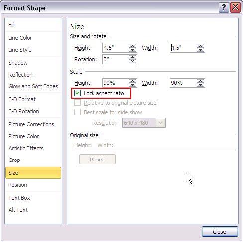Size values changed within the Format Shape dialog box