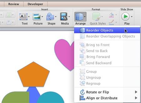 Reorder Objects option selected within the Arrange gallery