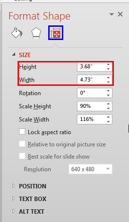 Format Shape Task Pane includes Height and Width values