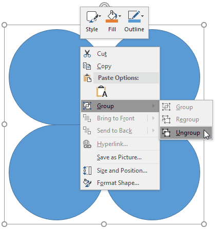 Ungroup option selected