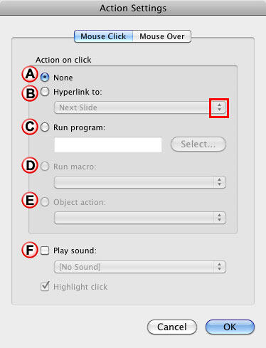 Action Settings dialog box