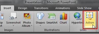 Action button selected within the Insert Tab of the Ribbon