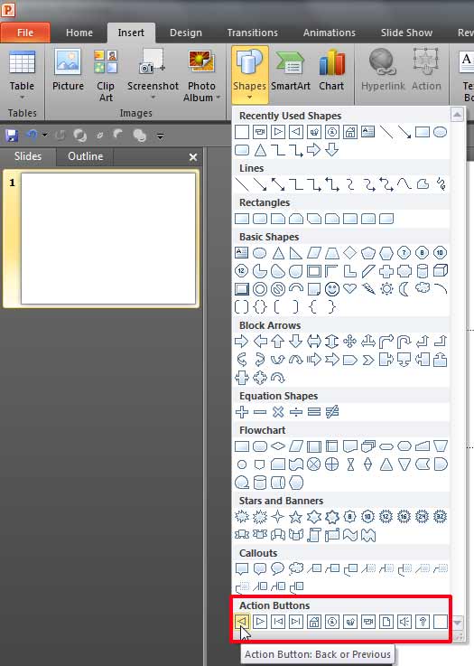 Action Buttons category within the Shapes gallery