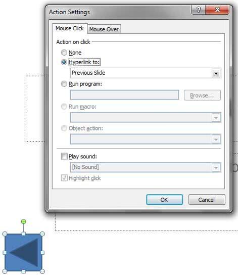 Action Settings dialog box with a Action Button placed on the slide