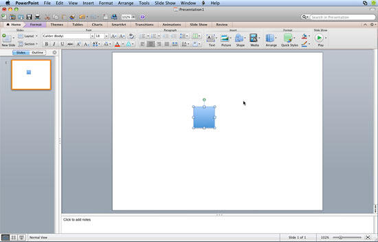 Rectangle shape placed on the slide as a perfect square