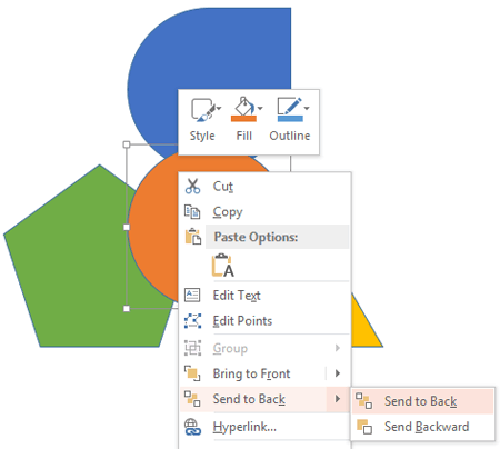 Send to Back option selected Send to Back option selected