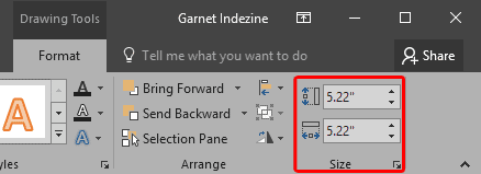 The Drawing Tools Format tab includes the Size group