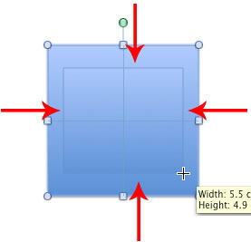 Holding down the Option (Alt) key while dragging resizes from the center of a shape rather than from a corner or side
