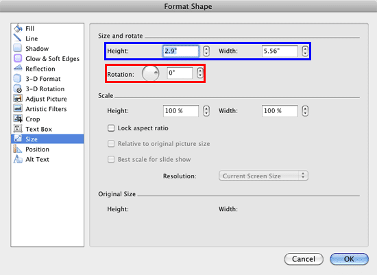 Rotation option within the Format Shape dialog box Rotation option within the Format Shape dialog box