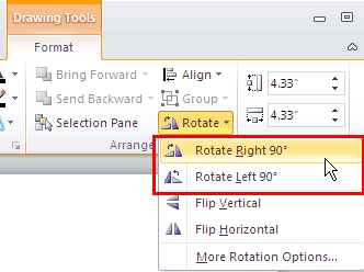 The Drawing Tools Format tab includes Rotate button. The Drawing Tools Format tab includes Rotate button.