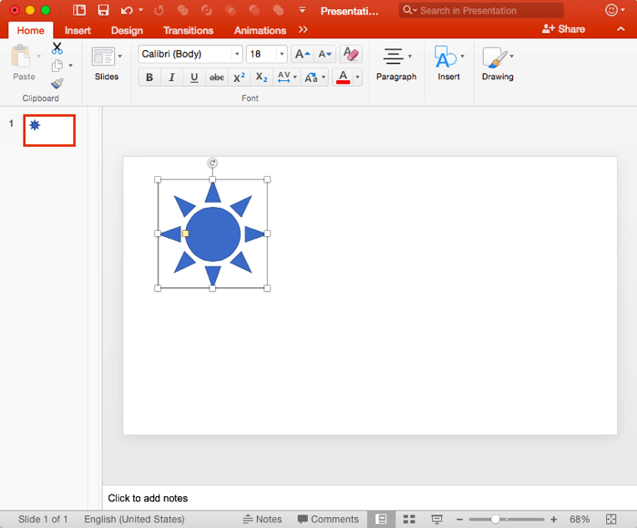 A single shape selected on the slide A single shape selected on the slide