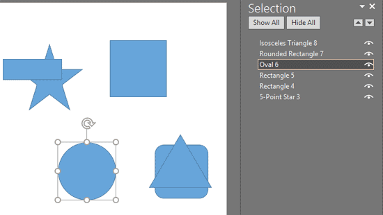 Shape selected in Pane and on the slide