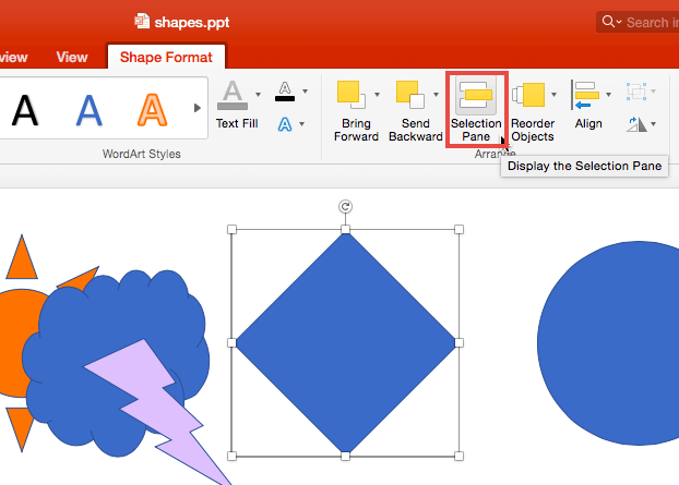 Selection Pane option Selection Pane option