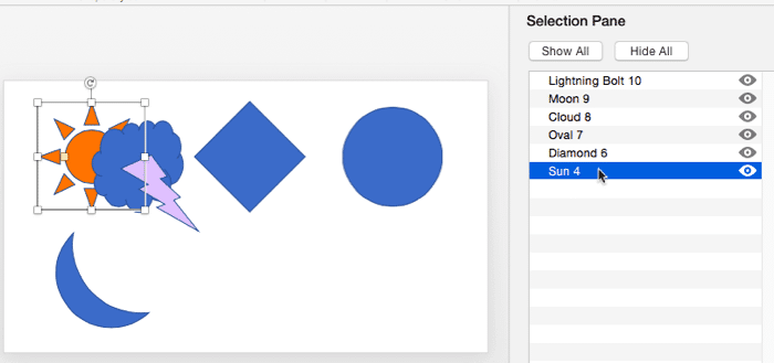 Shape selected in Pane and on the slide Shape selected in Pane and on the slide