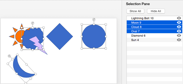 Two shapes selected in Pane and on the slide Two shapes selected in Pane and on the slide